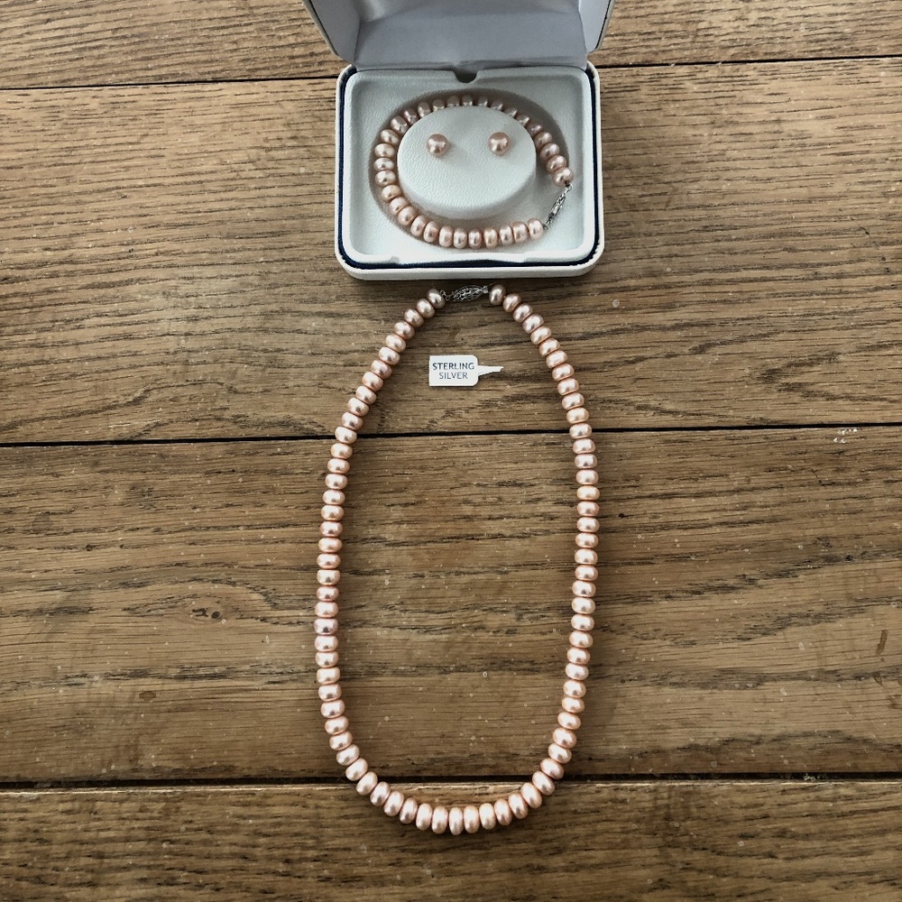 Pink Pearl Necklace/ Bracelet/Stud Earring Set in Box